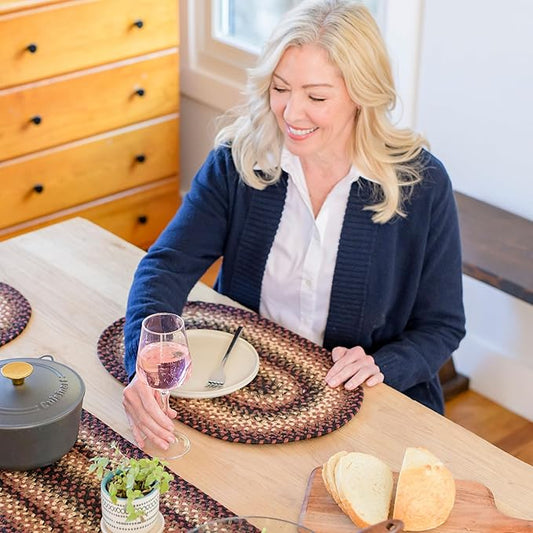 Homespice Prescott Jute Braided Oval Placemats, Country Primitive Decor, Set of 6, 13x19 Black and Red Table Mats - Vibrant Colors, Durable, Easy to Clean and Protects Furniture