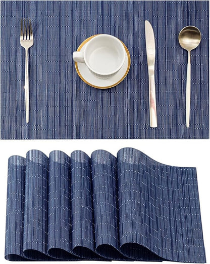 Leetaltree Blue Placemats Set of 6 - Heat Resistant Non-Slip Place mats for Dining Table, Washable Durable PVC Vinyl Woven Table Mats（Blue, 6）