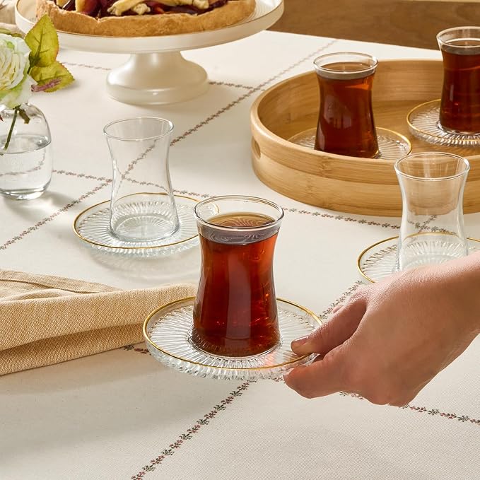 KARACA Nilufer 12-Piece Turkish Tea Glass & Saucer Set, 5.7 oz Gold Trim Clear - Image 3