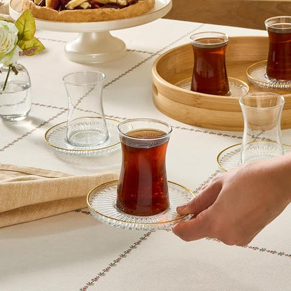 KARACA Nilufer 12-Piece Turkish Tea Glass & Saucer Set, 5.7 oz Gold Trim Clear - Image 3