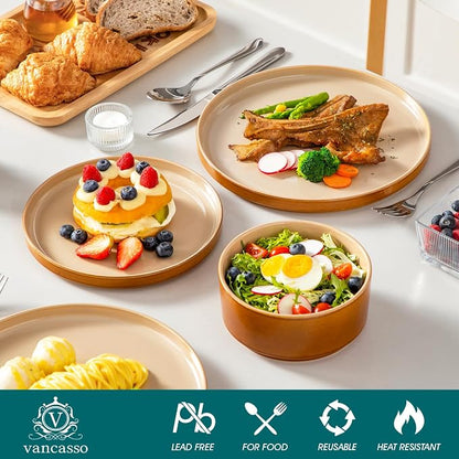 vancasso ONION Ceramic Plates and Bowls Sets, 24 Pieces Brown Dinnerware Sets - Image 3