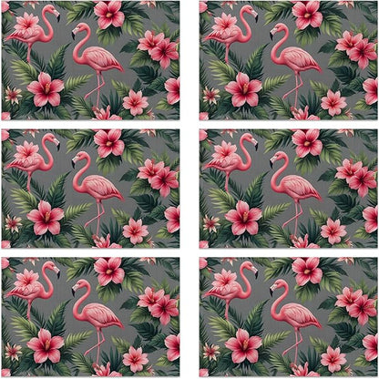 Pink Flamingo Placemats Set of 6, Tropical Palm Leaves Waterproof Linen Fabric, Non-Slip Backing & Easy Clean, Elegant Dining Table Placemats for Family and Guests