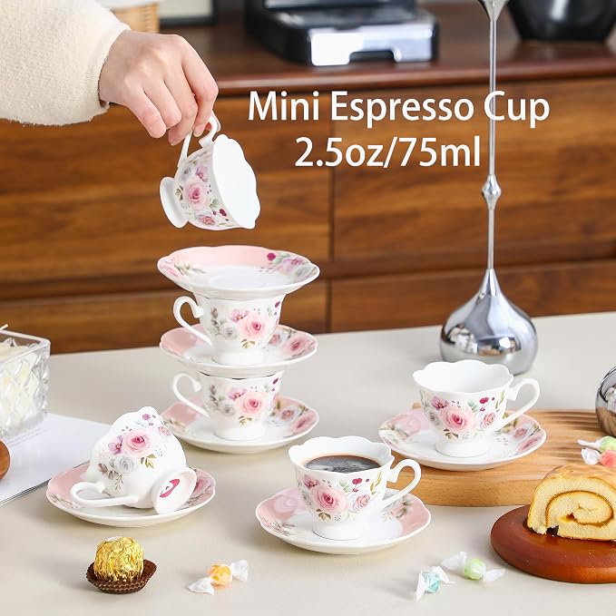 2.5oz Porcelain Demitasse Set of 6, 75ml Pink Espresso | Romantic pink floral - Image 6