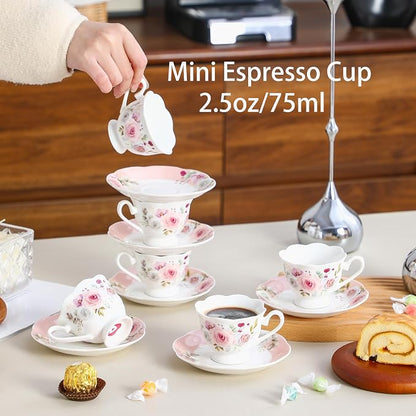 2.5oz Porcelain Demitasse Set of 6, 75ml Pink Espresso | Romantic pink floral - Image 6