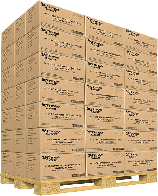 three leaf 9" 3 COMPARTMENT BAGASSE ROUND PLATE, 18,000 Ct. (36 cases x 500 plates) Heavy-Duty- Super Strong- Natural- Eco-Friendly Disposable Bagasse Plates