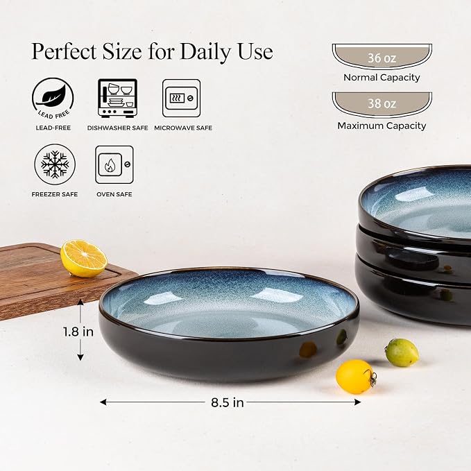 LERATIO 8.5" Ceramic Pasta Bowls Set of 4, 38oz Large Stoneware Bowls Set | - Image 2