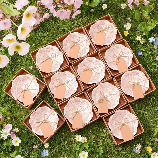 12 Pcs Wedding Favors for Guests Small Ceramic Bowl Bulk Gifts Set 3.3 Inch Floral Design Mini Dipping Sauce Dish with Card Box for Bridal Pooja Baby Shower Birthday Guest Gift (Pink)