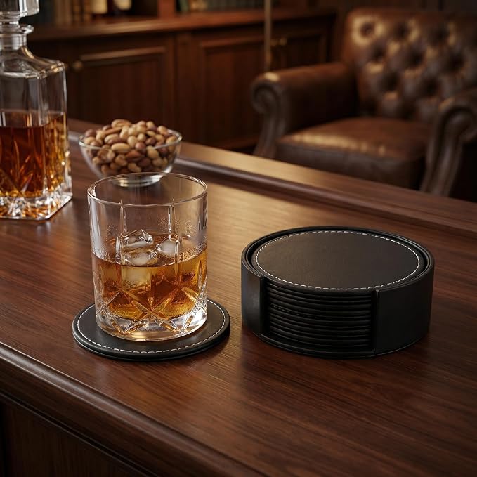Set of 6 PU Leather Black Bar Drink Coasters - Image 6