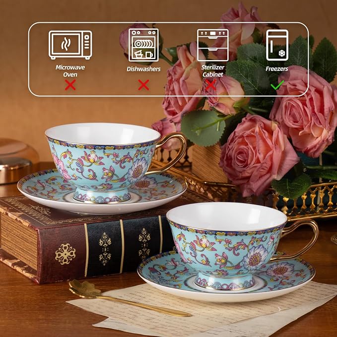 KAMMAK Tea Cups and Saucers Set of 2, Porcelain Coffee Cups, JBE021 | Stackable - Image 4