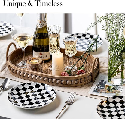 Ceramic Dinner Plates Set of 6-8 Inch Checkered Salad Plates, Microwave, Oven & Dishwasher Safe, Modern Minimalist Dessert Plates Geometric Black and White Plates for 6