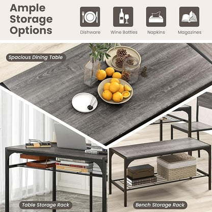 Giantex Dining Table Set for 4, Kitchen Table with Chairs & Bench, Storage Racks, Metal Frame, 4-Piece Space-Saving Dinette Set for Dining Room, Breakfast Nook, Small Space, Apartment, Grey