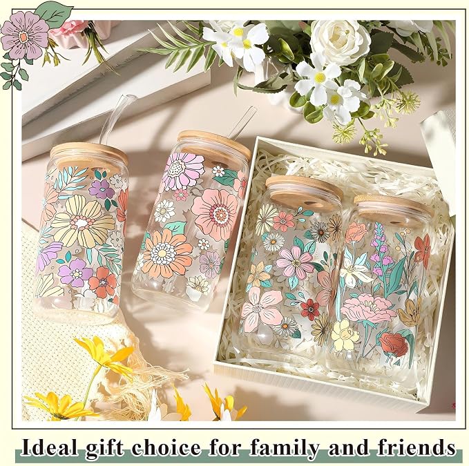 Mumufy 4 Pack Wildflower Glass Cups Gift Aesthetic Cute Glass Cup Tumbler - Image 6