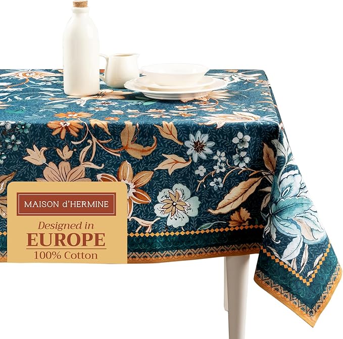Maison d' Hermine Table Cloth Rectangle Table 100% Cotton 60 x 120 Inches Fall Tablecloth Reusable Everyday Use for Thanksgiving Christmas Decorations Dining Farmhouse Party (Luxury Loft - Dark Teal)