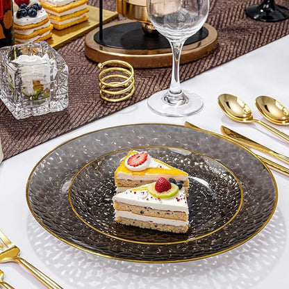 Rubtlamp 60Pcs Black Plastic Plates, Black Disposable Plates With Gold Rim, Clear Heavy-duty Party Plates, Hammered Plastic plates Include 30 Dessert Platos, 30 Dinner Platos for Party