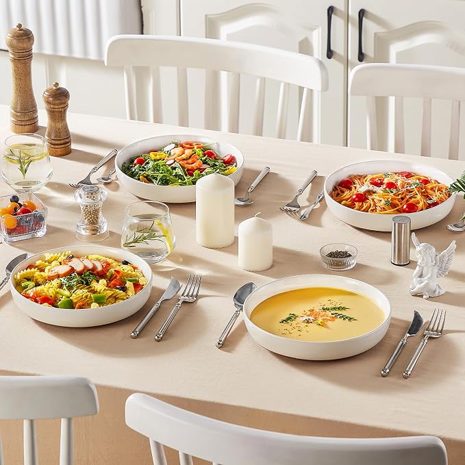 MALACASA 48 Oz Pasta Bowls Set of 4, Ceramic Soup Bowls, TARA Khaki White | - Image 7