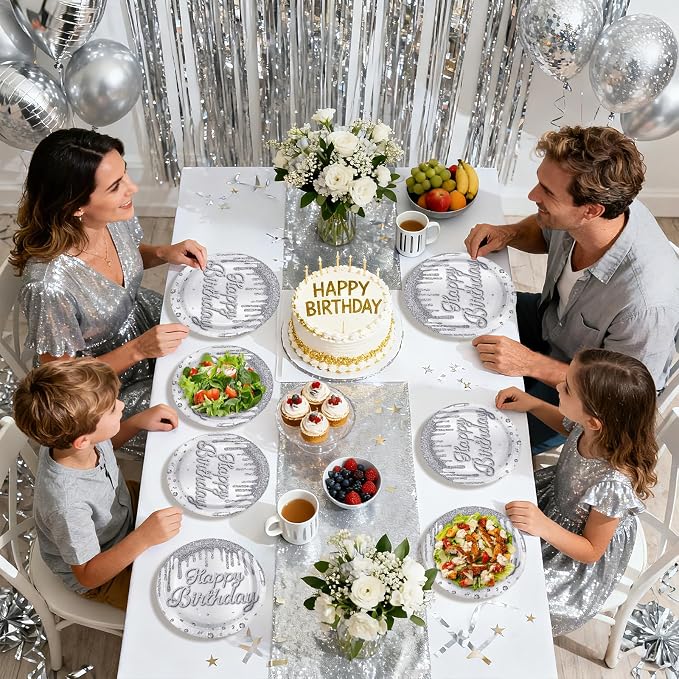 96Pcs Silver Glitter Diamonds Birthday Party Decoration, Serve 24 | Silver - Image 8