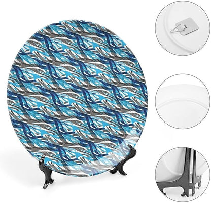 Ceramic Display Plate, Abstract Ceramic Hanging Decorative Plate, Modern Art Stripes Swirls Waves Trippy, 7 Inch, Living Room Kitchen Decoration Household, Grey Blue White