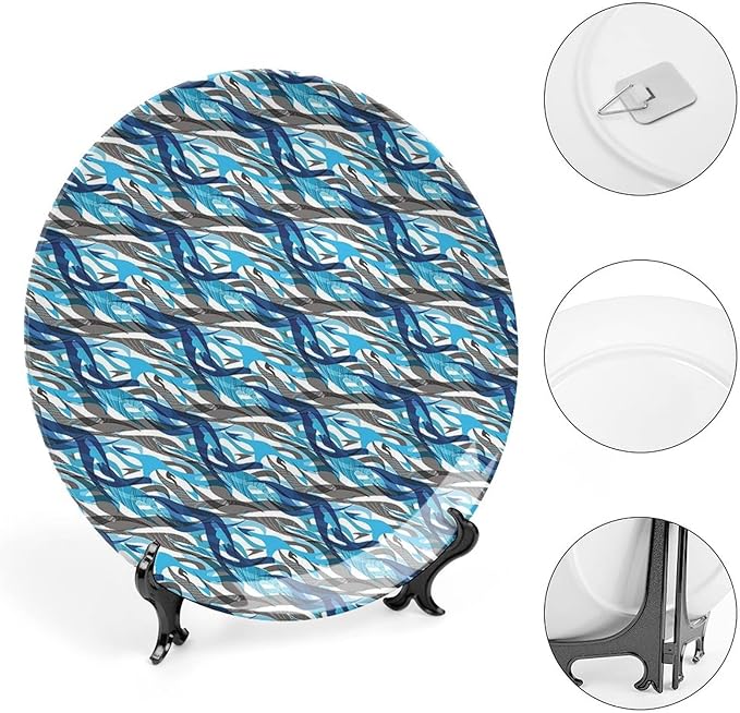 Ceramic Plates, Abstract Decorative Ceramic Plates, Modern Art Stripes Swirls Waves Trippy, 10 Inch, Household Plates Decorative, Grey Blue White