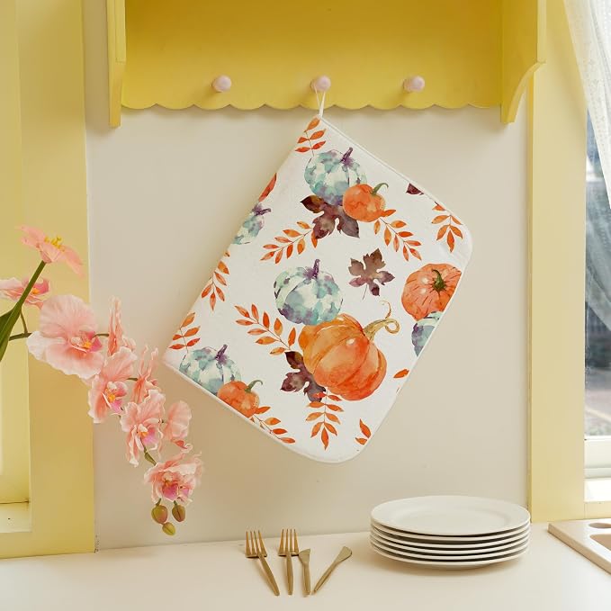 Fall Pumpkin Dish Drying Mat for Kitchen Counter 18x24 Inch Blue Orange Pumpkin - Image 3