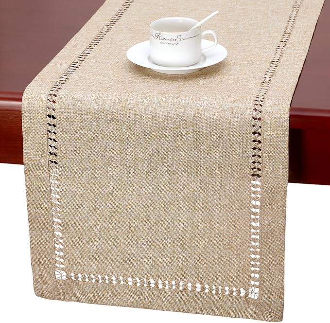 Grelucgo Super Large Handmade Hemstitch Beige Table Runner, Rectangular 14 by by Grelucgo