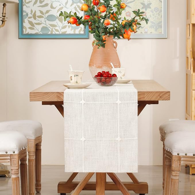 NEWISHER Rustic Embroidered Plaid Cloth Table Runner 60 inches, Farmhouse - Image 3