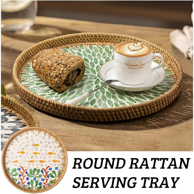 Round Rattan Tray with Mother of Pearl Inlay, Decorative Wicker Serving Tray - Image 5