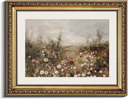 InSimSea Retro Gold Framed Wall Art, Vintage Classical Wildflower Field Meadow Flowers Canvas Print Home Wall Decor, Landscape Farmhouse Decor, Antique Picture Frame Retro Paintings, 11x14 Inch