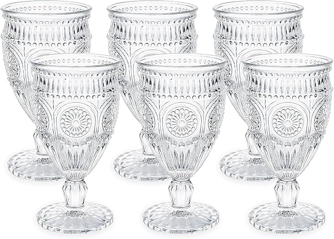 Kingrol Vintage Goblet Glasses Set of 6, 10 oz Heavy-Duty Pressed Glass Water by Kingrol