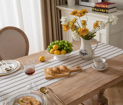 Caflife Boho Table Runner 108 Inchs Long Taupe and Beige, Cotton and Linen Woven - Image 4