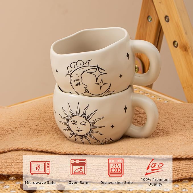 4pcs Boho Style Ceramic Moon and Sun Mugs, 9.4OZ Cute Coffee Cup Set, Matte - Image 2