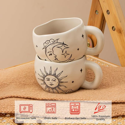 4pcs Boho Style Ceramic Moon and Sun Mugs, 9.4OZ Cute Coffee Cup Set, Matte - Image 2