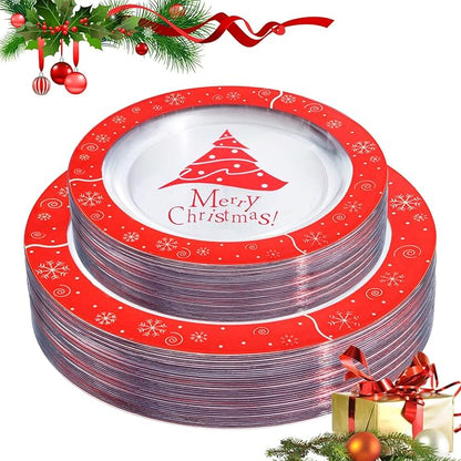 U-QE 60PCS Red and Clear Plastic Plates - Disposable Christmas Plastic Plates for 30 Guests Include 30 Dinner Plates 10.25’’ & 30 Dessert Plates 7.5’’, Premium Party Supplies for Christmas Theme Party