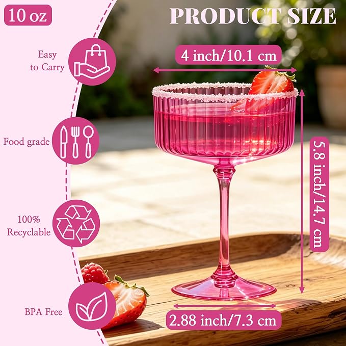 12PCS Plastic Martini Glasses, Hot Pink Disposable Coupe Cups | 10oz Acrylic - Image 2