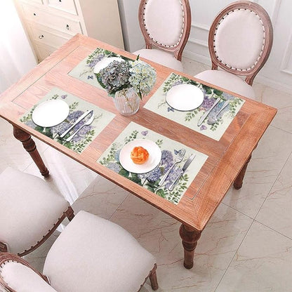 Spring Placemats 12x18 Inches Set of 4,Blue Violet Hydrangea Floral Decorative Rectangle Summer Seasonal Flower Decoration Table Mats for Party, Home Kitchen,Dining Table Decor