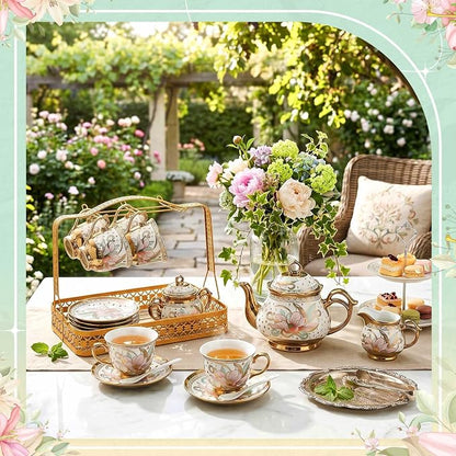 22 Pcs Porcelain Tea Set with Metal Holder, Vintage European Floral Tea Set - Image 7