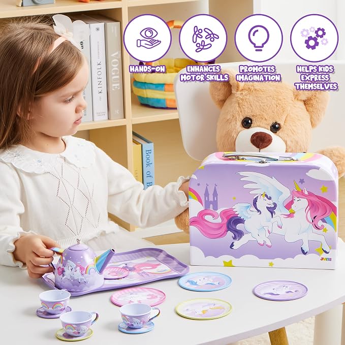 JOYIN Unicorn Tea Party Set for Little Girls, Pretend Purple Tin Teapot Set - Image 5