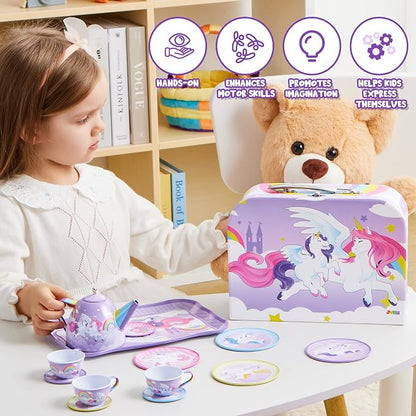JOYIN Unicorn Tea Party Set for Little Girls, Pretend Purple Tin Teapot Set - Image 5