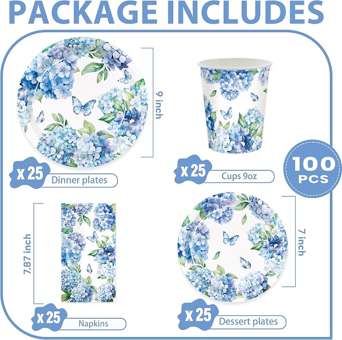 100pcs Hydrangea Party Supplies Paper Plates Napkins Cups | Hydrangea Floral - Image 2