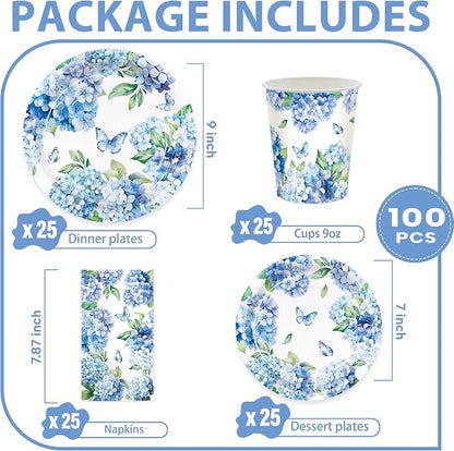 100pcs Hydrangea Party Supplies Paper Plates Napkins Cups | Hydrangea Floral - Image 2
