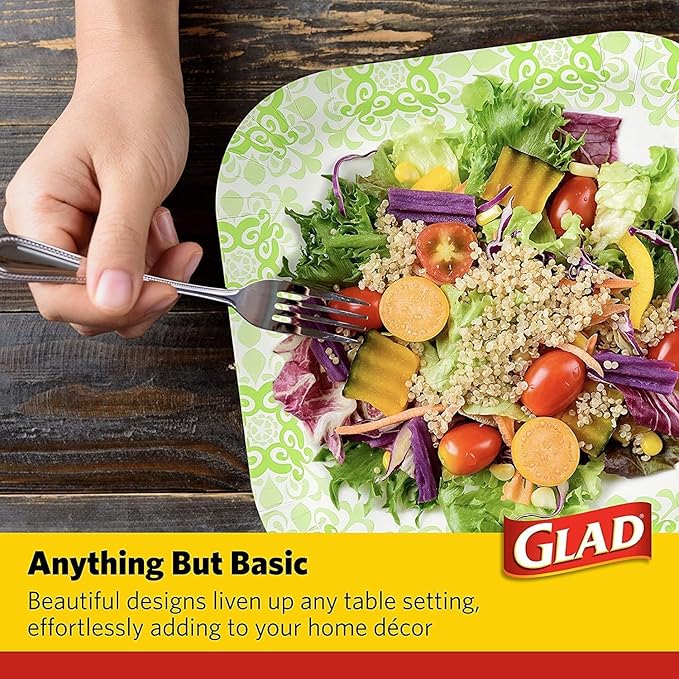 Glad Square Disposable Paper Plates, Green Victorian Pattern - Strong, Sturdy, Soak Proof, and Microwavable Decorative Plates for Dinner and Everyday Use, 10 Inch, 50 Count - 12 Pack