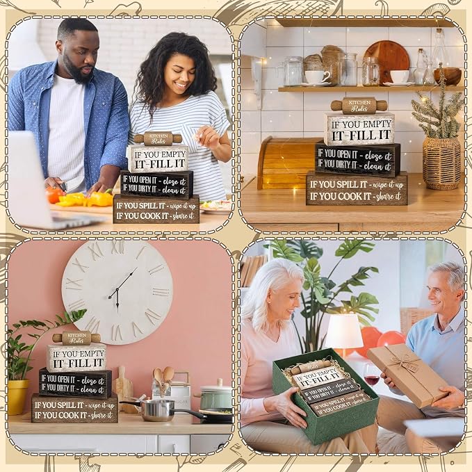 Moucuny 4 Pcs Rustic Wooden Table Decor Farmhouse Kitchen Rules Wood Sign Black - Image 5