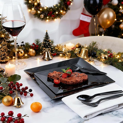 Liacere 60PCS Black Plastic Plates - Premium Square Disposable Plates - Include 30PCS 9.5inch Dinner Plates - 30PCS 7inch Dessert Plates for Party & New Year & Father's Day
