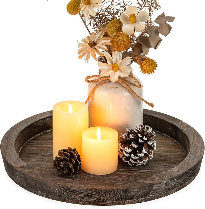 Hanobe Wooden Tray for Coffee Table, Decorative Round Candle Holder Plate | by Hanobe