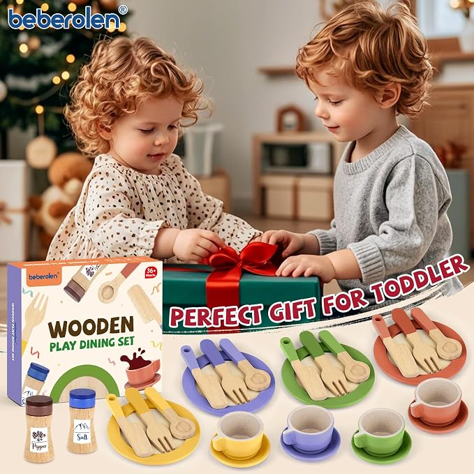 Wooden Play Dishes and Plates for Kids Kitchen Set Accessories | Cooking Toys - Image 6