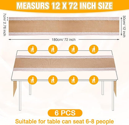 Tatuo 6 Pcs Lace Burlap Table Runner 12'' x 72'' Rustic Jute Hessian Farmhouse - Image 2