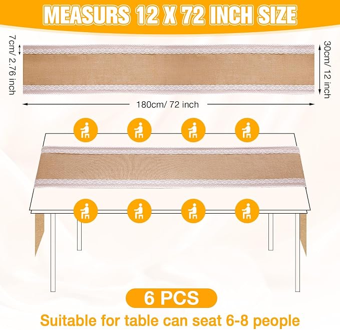 Tatuo 12 Pcs Lace Burlap Table Runner 12'' x 72'' Rustic Jute Hessian Farmhouse - Image 2