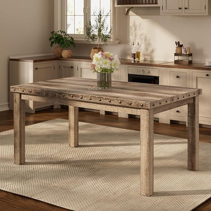 Morden Fort Farmhouse Rectangular Wooden Dining Table, Rustic 60" Kitchen & Dining Room Table with Woodgrain Tabletop, Rivet Accents & Solid Wood Legs