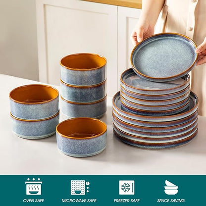 vancasso ONION Ceramic Plates and Bowls Sets, 18 Pieces Blue Dinnerware Sets - Image 4