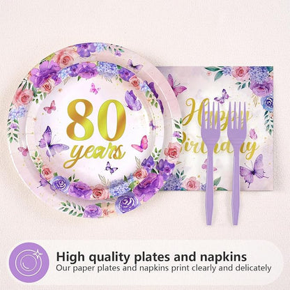 96Pcs 80th Birthday Purple Floral Butterfly Party Decoration, Serves 24 | - Image 2