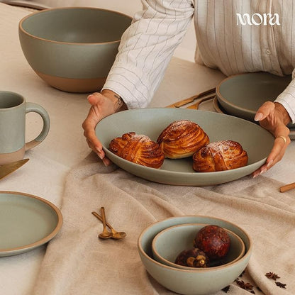 MORA Jumbo and Large Serving Dishes Set of 2, 13 inch and 12 inch Ceramic Pottery Oval Platters - Microwave, Oven and Dishwasher Safe - Thyme & Mushroom
